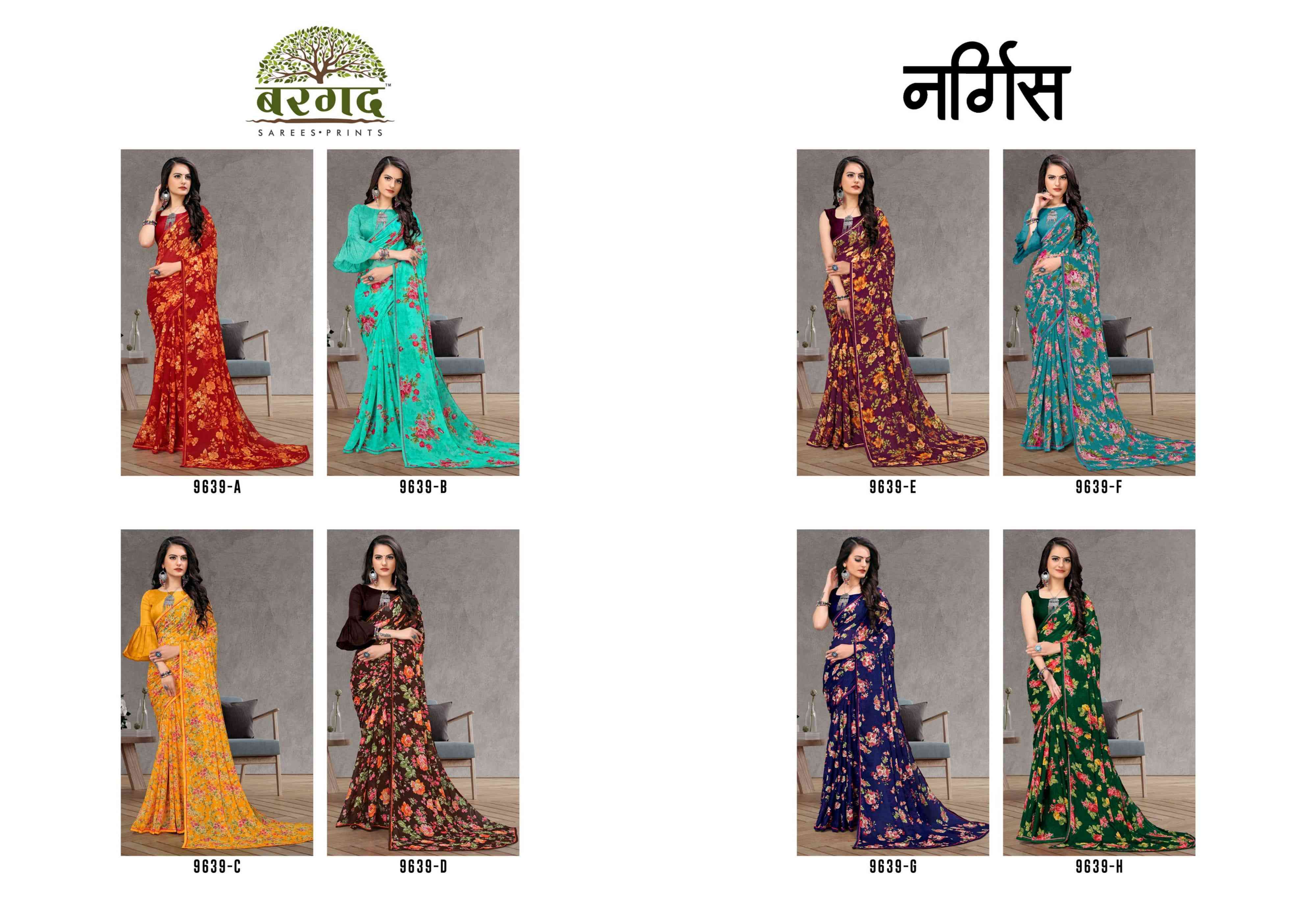 NARGIS BY BARGAD 9639-A TO 9639-H SERIES INDIAN TRADITIONAL WEAR COLLECTION BEAUTIFUL STYLISH FANCY COLORFUL PARTY WEAR & OCCASIONAL WEAR CHIFFON SAREES AT WHOLESALE PRICE