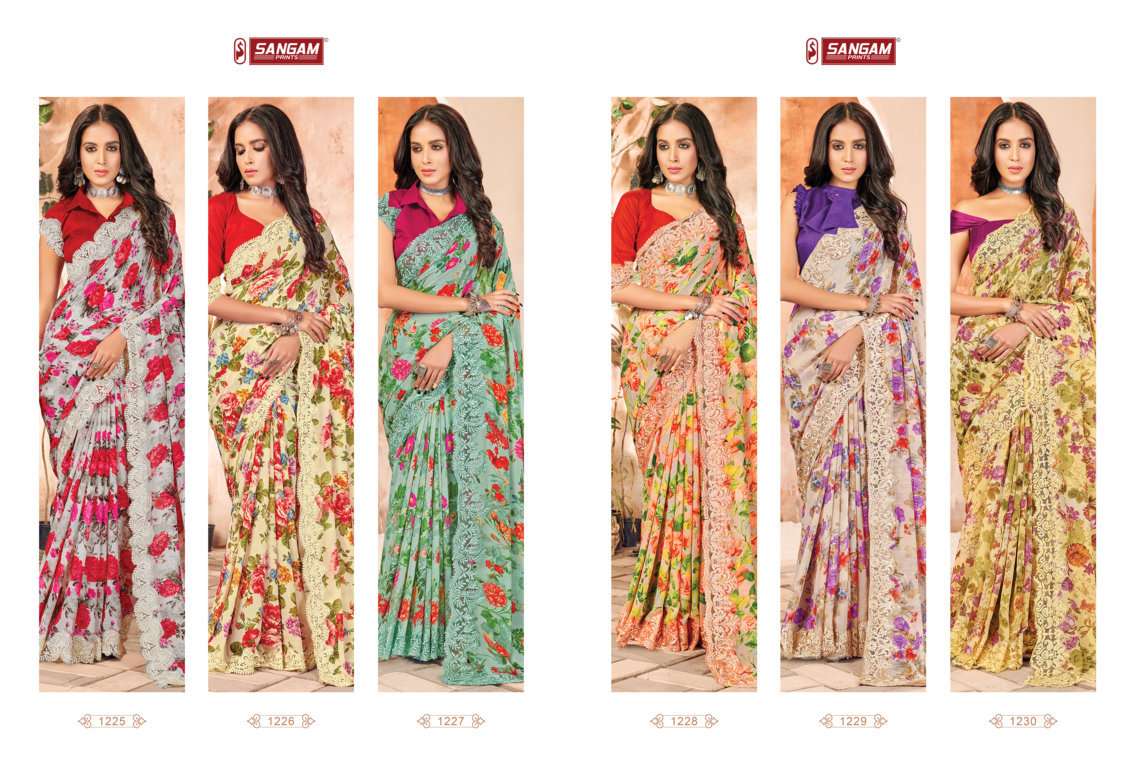 Nirvana By Sangam Prints 1225 To 1230 Series Indian Traditional Wear Collection Beautiful Stylish Fancy Colorful Party Wear & Occasional Wear Georgette Sarees At Wholesale Price
