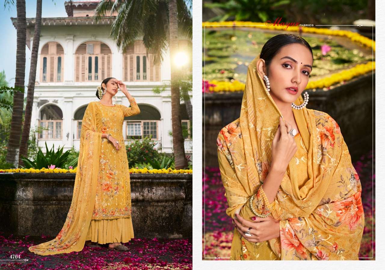 Vrindavan By Mayur Fabrics 4701 To 4708 Series Beautiful Stylish Sharara Suits Fancy Colorful Casual Wear & Ethnic Wear & Ready To Wear Georgette Digital Printed Dresses At Wholesale Price