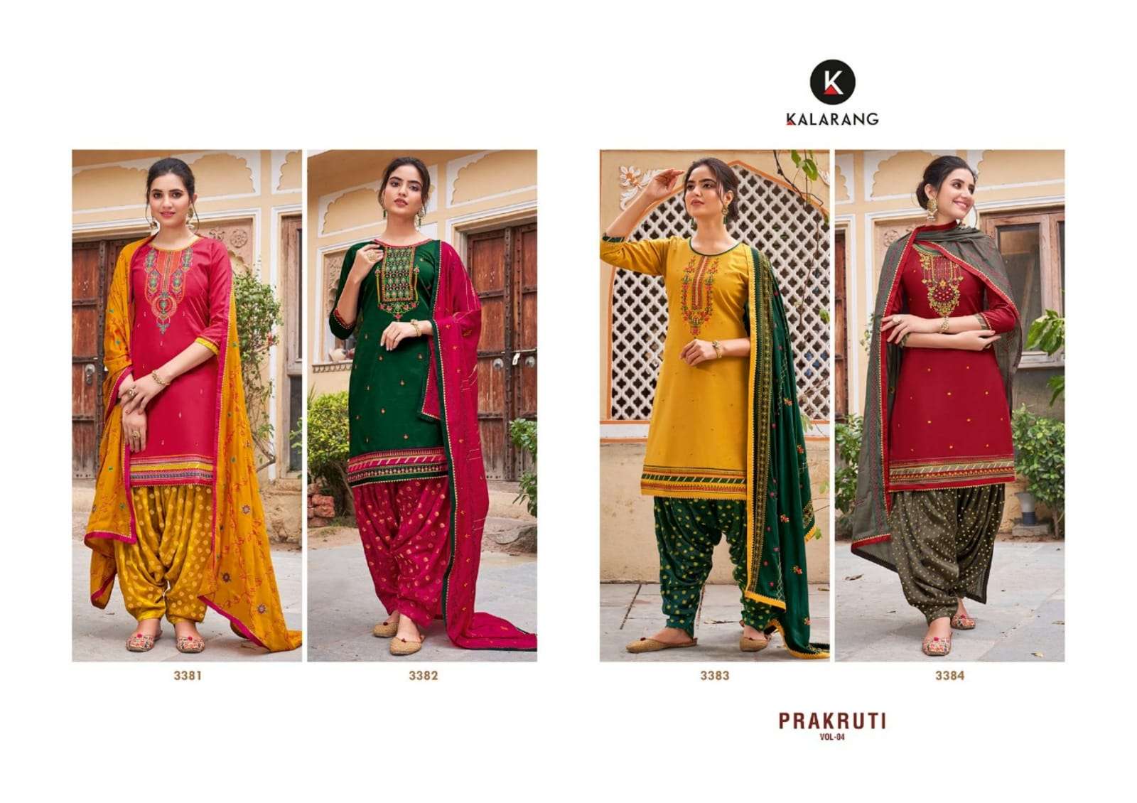 PRAKRUTI VOL-4 BY KALARANG 3381 TO 3384 SERIES PATIYALA SUITS STYLISH BEAUTIFUL COLOURFUL PRINTED & EMBROIDERED PARTY WEAR & OCCASIONAL WEAR PURE JAM SILK COTTON WITH WORK DRESSES AT WHOLESALE PRICE