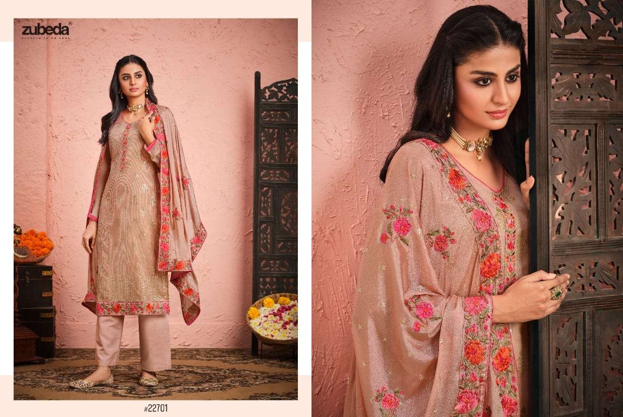 RAKS BY ZUBEDA 22701 TO 22704 SERIES BEAUTIFUL STYLISH SHARARA SUITS FANCY COLORFUL CASUAL WEAR & ETHNIC WEAR & READY TO WEAR GEORGETTE EMBROIDERED DRESSES AT WHOLESALE PRICE