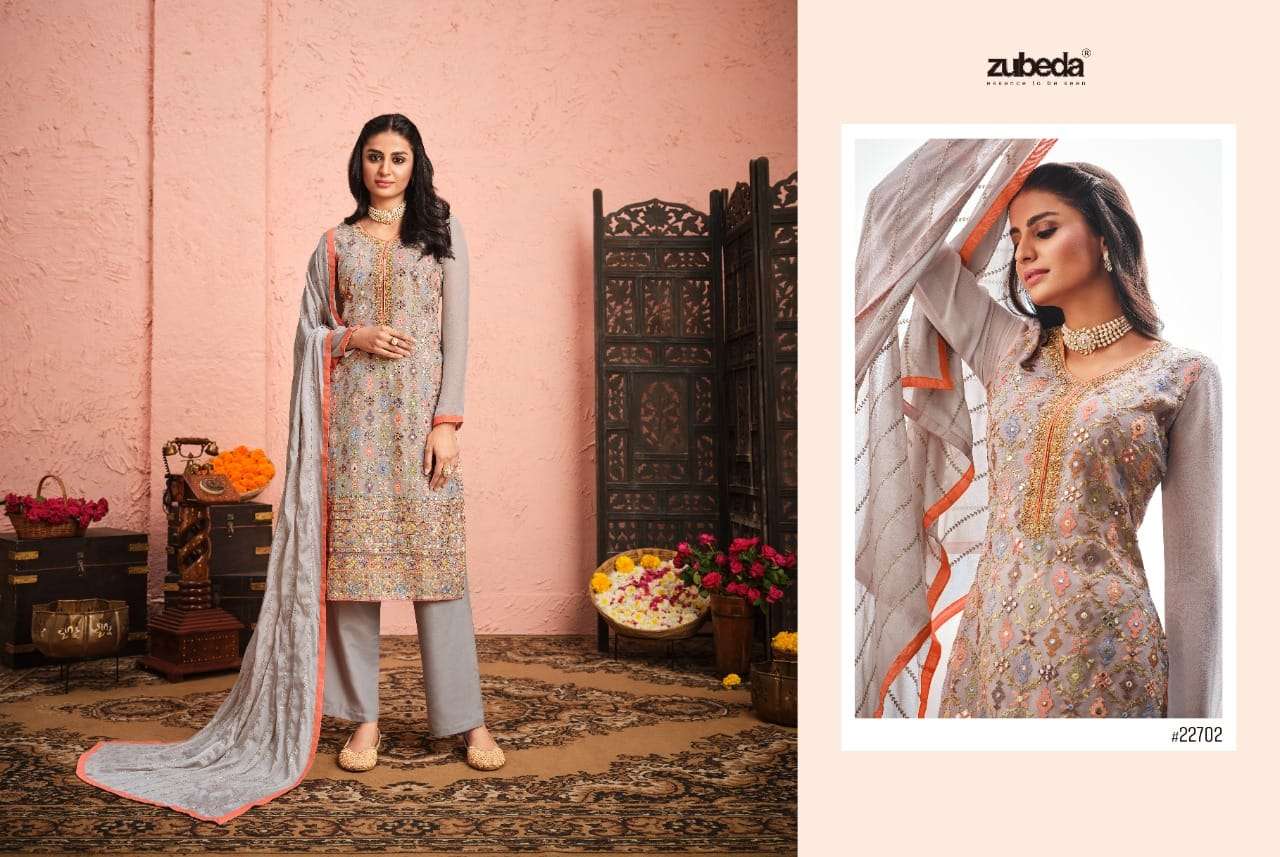 RAKS BY ZUBEDA 22701 TO 22704 SERIES BEAUTIFUL STYLISH SHARARA SUITS FANCY COLORFUL CASUAL WEAR & ETHNIC WEAR & READY TO WEAR GEORGETTE EMBROIDERED DRESSES AT WHOLESALE PRICE