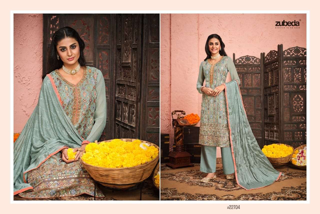 RAKS BY ZUBEDA 22701 TO 22704 SERIES BEAUTIFUL STYLISH SHARARA SUITS FANCY COLORFUL CASUAL WEAR & ETHNIC WEAR & READY TO WEAR GEORGETTE EMBROIDERED DRESSES AT WHOLESALE PRICE