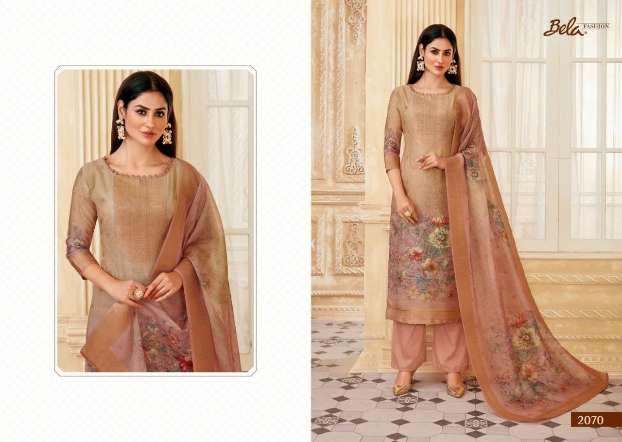 ZIYA BY BELA FASHION 2070 TO 2076 SERIES BEAUTIFUL STYLISH SUITS FANCY COLORFUL CASUAL WEAR & ETHNIC WEAR & READY TO WEAR CHANDERI JACQUARD PRINTED DRESSES AT WHOLESALE PRICE