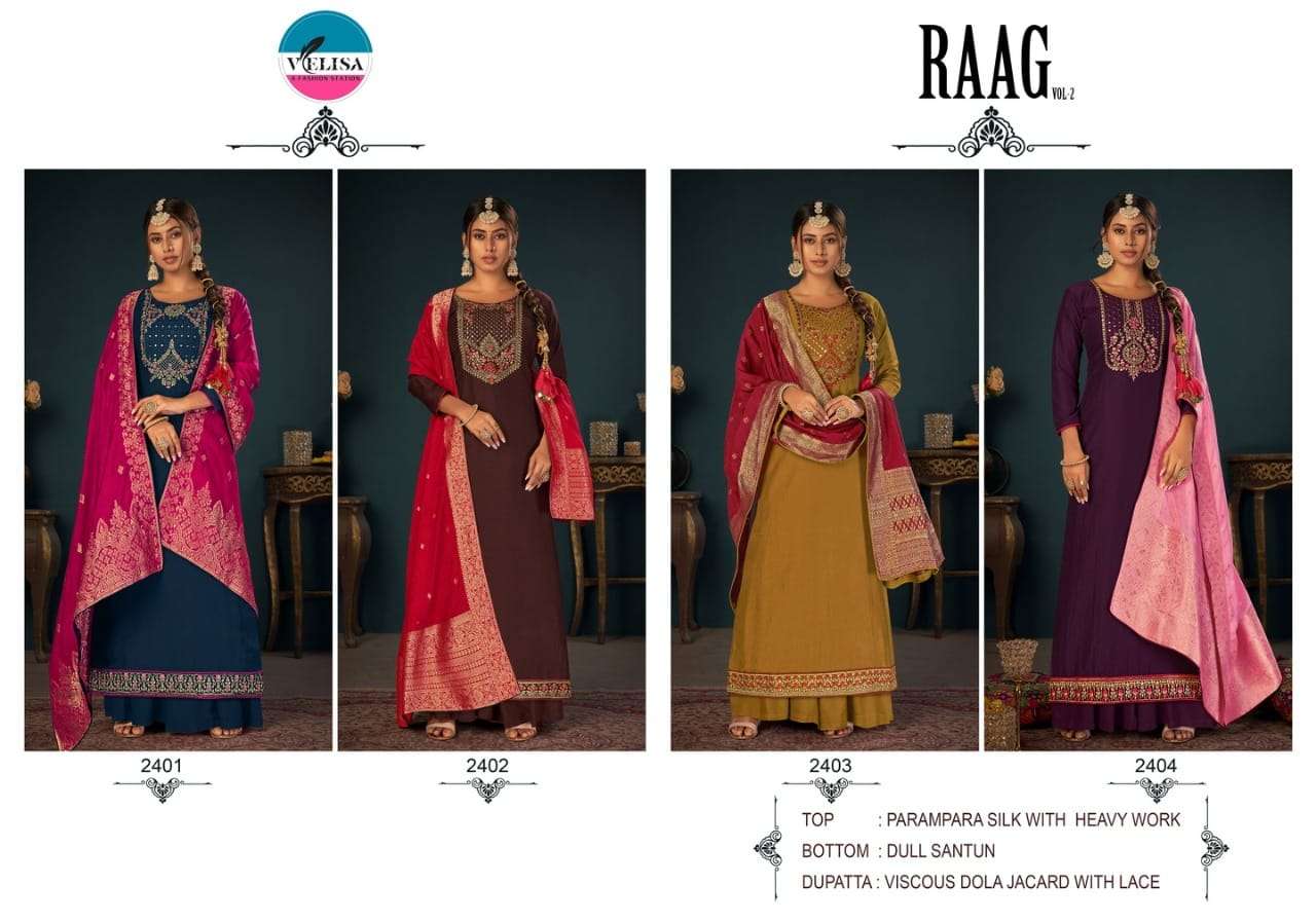 RAAG VOL-2 BY VELISA 2401 TO 2404 SERIES BEAUTIFUL SUITS COLORFUL STYLISH FANCY CASUAL WEAR & ETHNIC WEAR PARAMPARA SILK DRESSES AT WHOLESALE PRICE