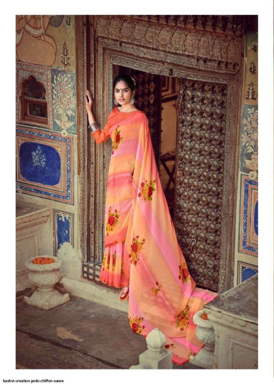 JANKI BY KASHVI CREATION 98001 TO 98010 SERIES INDIAN TRADITIONAL WEAR COLLECTION BEAUTIFUL STYLISH FANCY COLORFUL PARTY WEAR & OCCASIONAL WEAR CHIFFON SAREES AT WHOLESALE PRICE