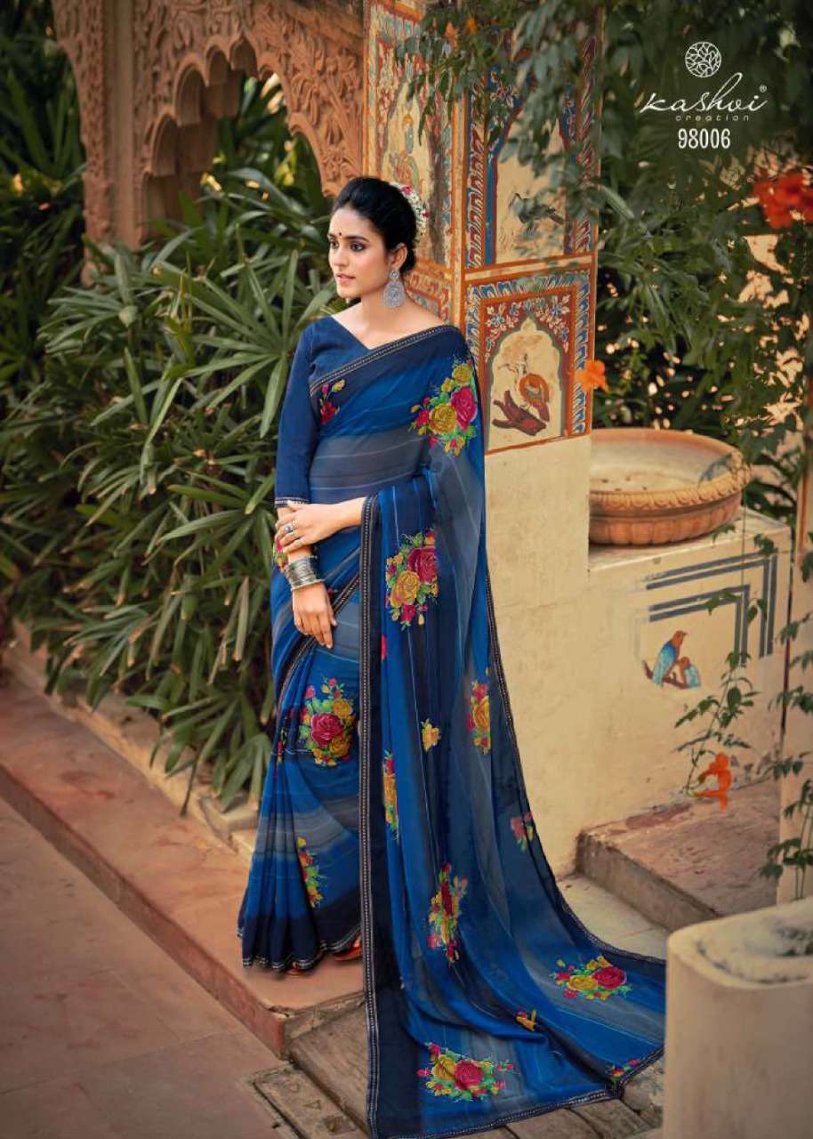 JANKI BY KASHVI CREATION 98001 TO 98010 SERIES INDIAN TRADITIONAL WEAR COLLECTION BEAUTIFUL STYLISH FANCY COLORFUL PARTY WEAR & OCCASIONAL WEAR CHIFFON SAREES AT WHOLESALE PRICE