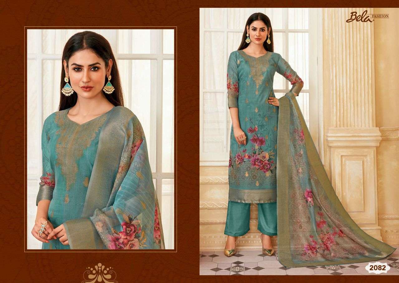 RAINA BY BELA FASHION 2079 TO 2086 SERIES BEAUTIFUL SUITS COLORFUL STYLISH FANCY CASUAL WEAR & ETHNIC WEAR ORGANZA JACQUARD PRINT DRESSES AT WHOLESALE PRICE