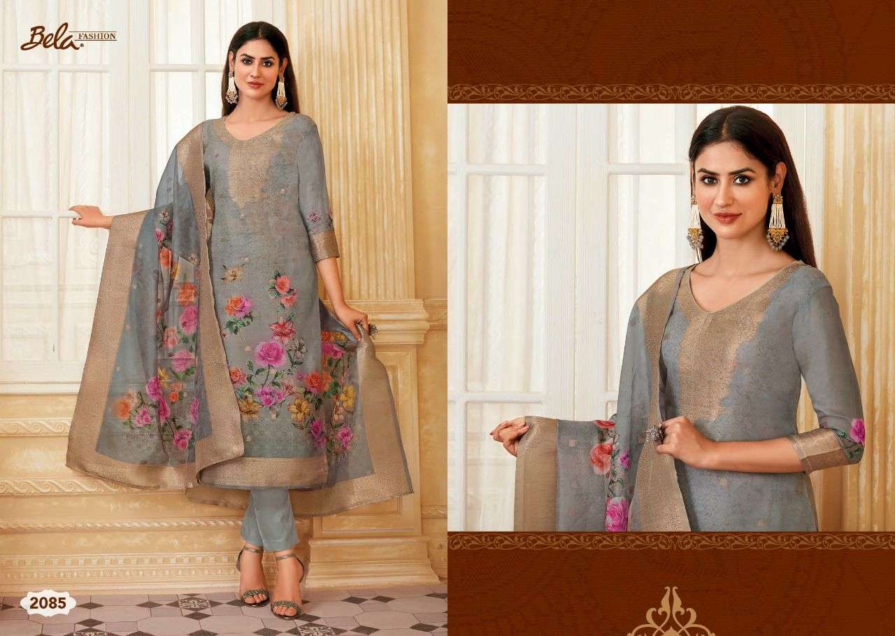 RAINA BY BELA FASHION 2079 TO 2086 SERIES BEAUTIFUL SUITS COLORFUL STYLISH FANCY CASUAL WEAR & ETHNIC WEAR ORGANZA JACQUARD PRINT DRESSES AT WHOLESALE PRICE