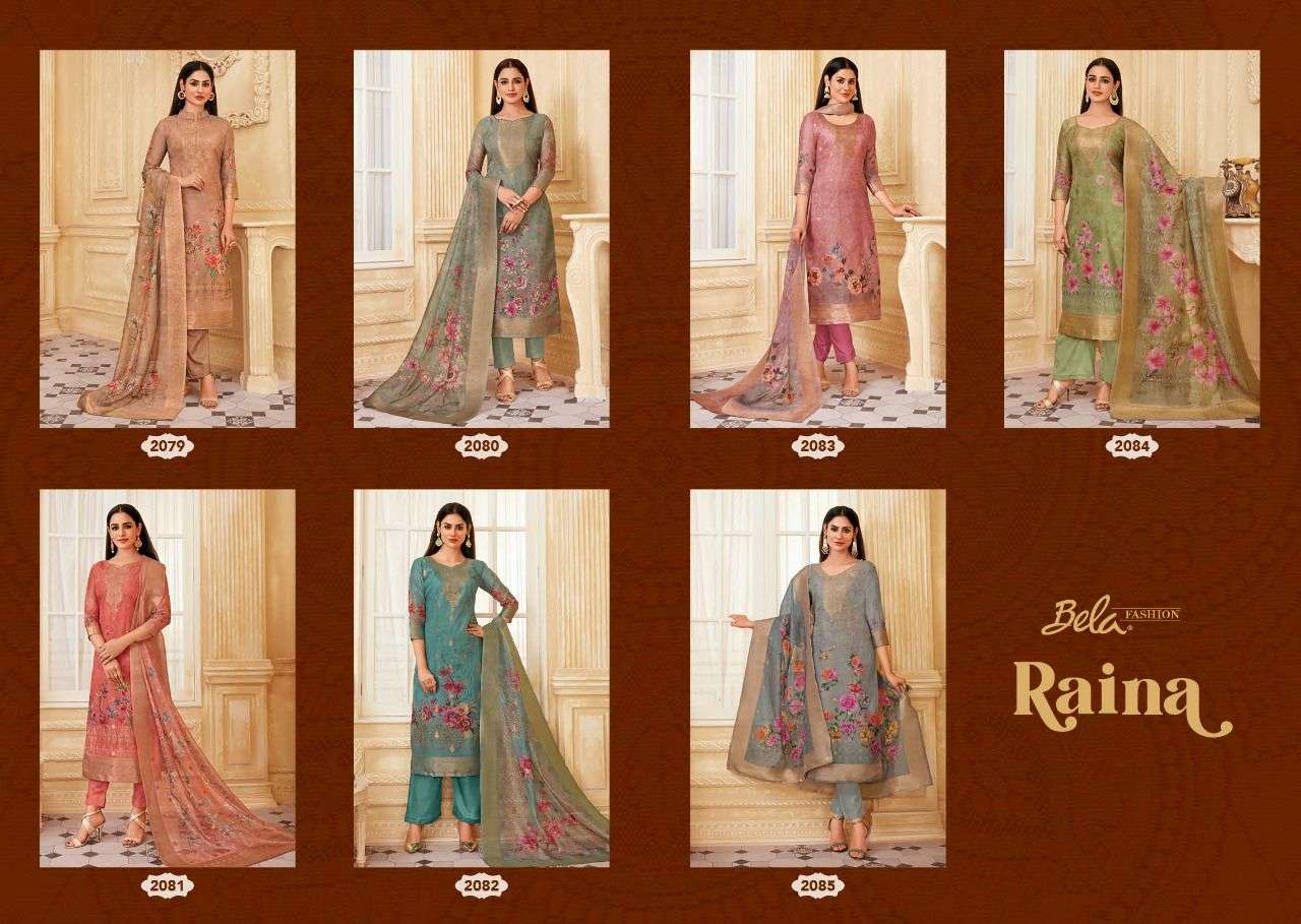 RAINA BY BELA FASHION 2079 TO 2086 SERIES BEAUTIFUL SUITS COLORFUL STYLISH FANCY CASUAL WEAR & ETHNIC WEAR ORGANZA JACQUARD PRINT DRESSES AT WHOLESALE PRICE