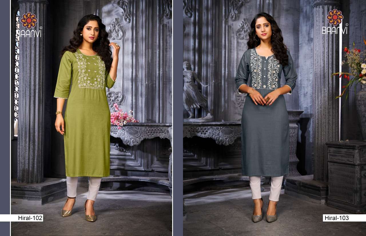 HIRAL BY BAANVI 101 TO 104 SERIES DESIGNER STYLISH FANCY COLORFUL BEAUTIFUL PARTY WEAR & ETHNIC WEAR COLLECTION NAMO SLUB EMBROIDERY KURTIS AT WHOLESALE PRICE
