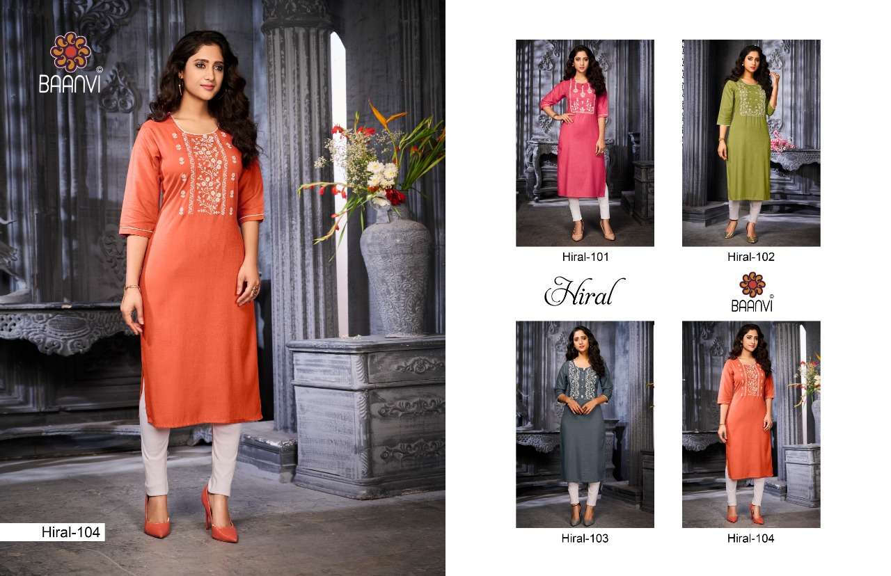 HIRAL BY BAANVI 101 TO 104 SERIES DESIGNER STYLISH FANCY COLORFUL BEAUTIFUL PARTY WEAR & ETHNIC WEAR COLLECTION NAMO SLUB EMBROIDERY KURTIS AT WHOLESALE PRICE