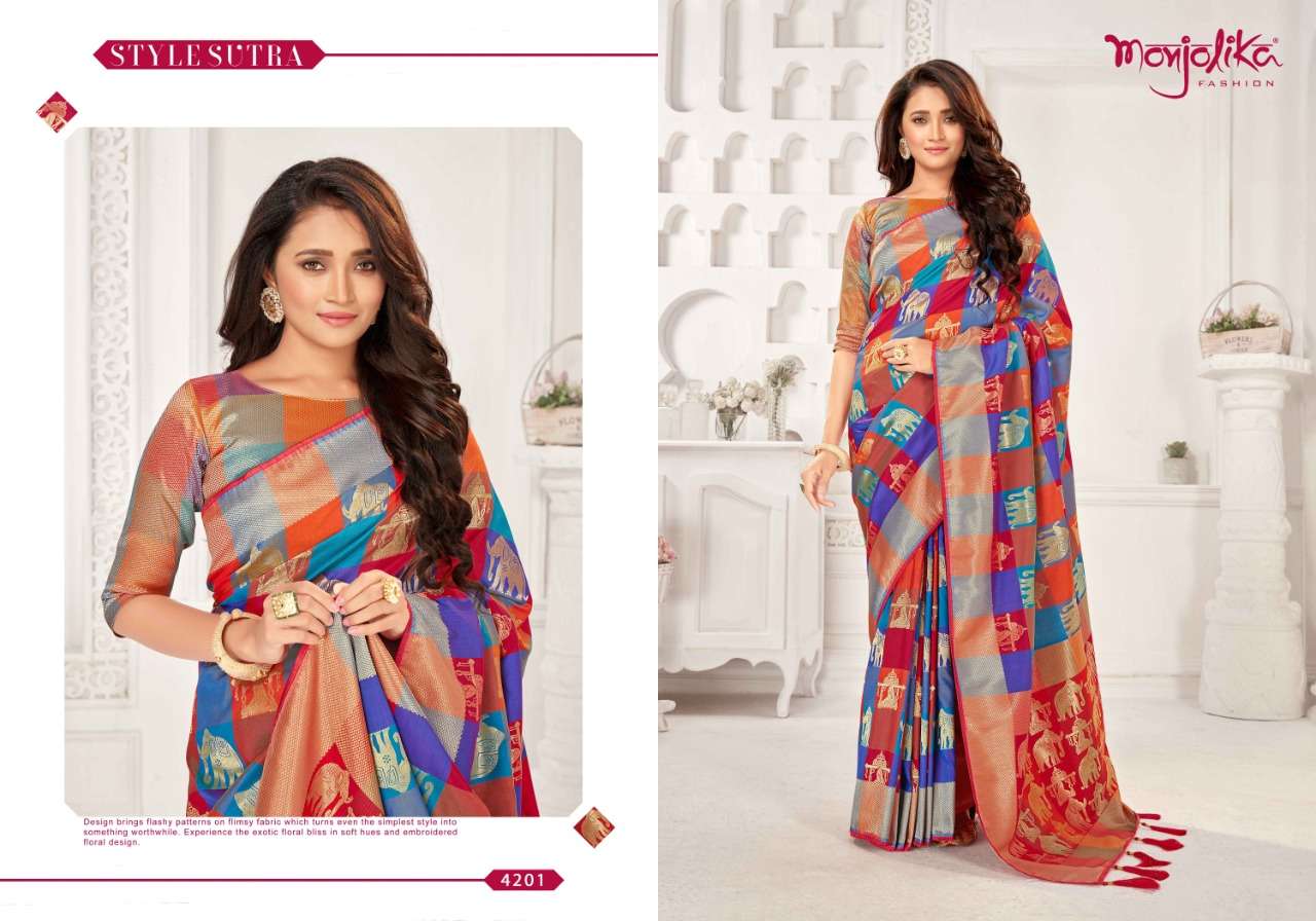 MUDITA BY MONJOLIKA 4201 TO 4205 SERIES INDIAN TRADITIONAL WEAR COLLECTION BEAUTIFUL STYLISH FANCY COLORFUL PARTY WEAR & OCCASIONAL WEAR BANARASI SILK SAREES AT WHOLESALE PRICE