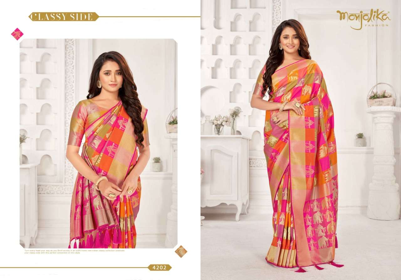 MUDITA BY MONJOLIKA 4201 TO 4205 SERIES INDIAN TRADITIONAL WEAR COLLECTION BEAUTIFUL STYLISH FANCY COLORFUL PARTY WEAR & OCCASIONAL WEAR BANARASI SILK SAREES AT WHOLESALE PRICE