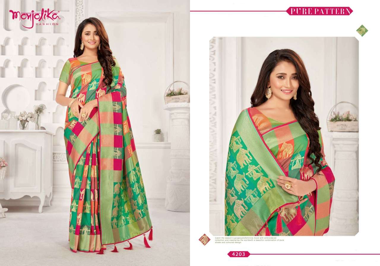 MUDITA BY MONJOLIKA 4201 TO 4205 SERIES INDIAN TRADITIONAL WEAR COLLECTION BEAUTIFUL STYLISH FANCY COLORFUL PARTY WEAR & OCCASIONAL WEAR BANARASI SILK SAREES AT WHOLESALE PRICE