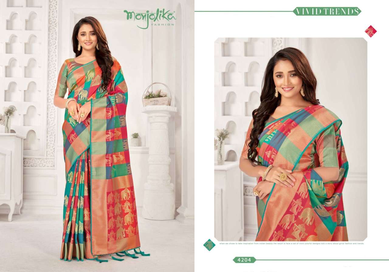MUDITA BY MONJOLIKA 4201 TO 4205 SERIES INDIAN TRADITIONAL WEAR COLLECTION BEAUTIFUL STYLISH FANCY COLORFUL PARTY WEAR & OCCASIONAL WEAR BANARASI SILK SAREES AT WHOLESALE PRICE
