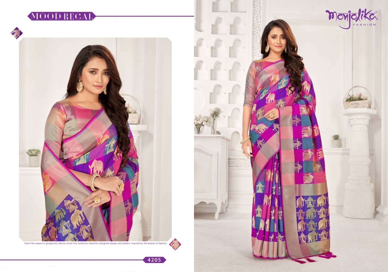 MUDITA BY MONJOLIKA 4201 TO 4205 SERIES INDIAN TRADITIONAL WEAR COLLECTION BEAUTIFUL STYLISH FANCY COLORFUL PARTY WEAR & OCCASIONAL WEAR BANARASI SILK SAREES AT WHOLESALE PRICE