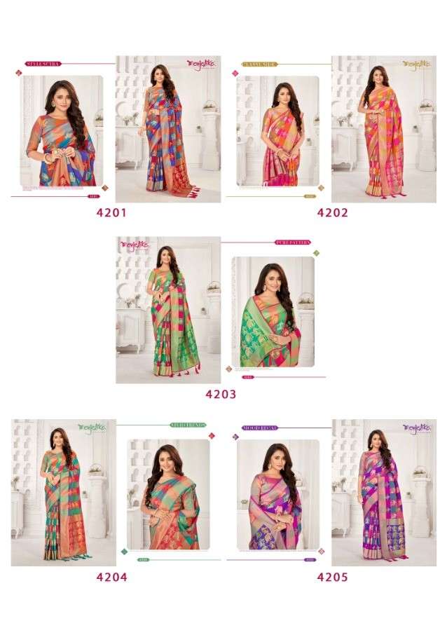 MUDITA BY MONJOLIKA 4201 TO 4205 SERIES INDIAN TRADITIONAL WEAR COLLECTION BEAUTIFUL STYLISH FANCY COLORFUL PARTY WEAR & OCCASIONAL WEAR BANARASI SILK SAREES AT WHOLESALE PRICE