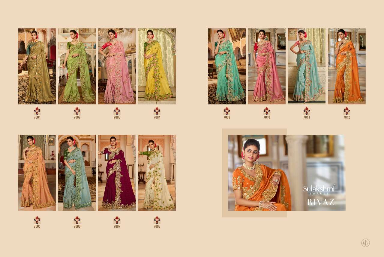 RIVAZ BY SULAKSHMI 7001 TO 7012 SERIES INDIAN TRADITIONAL WEAR COLLECTION BEAUTIFUL STYLISH FANCY COLORFUL PARTY WEAR & OCCASIONAL WEAR FANCY SAREES AT WHOLESALE PRICE