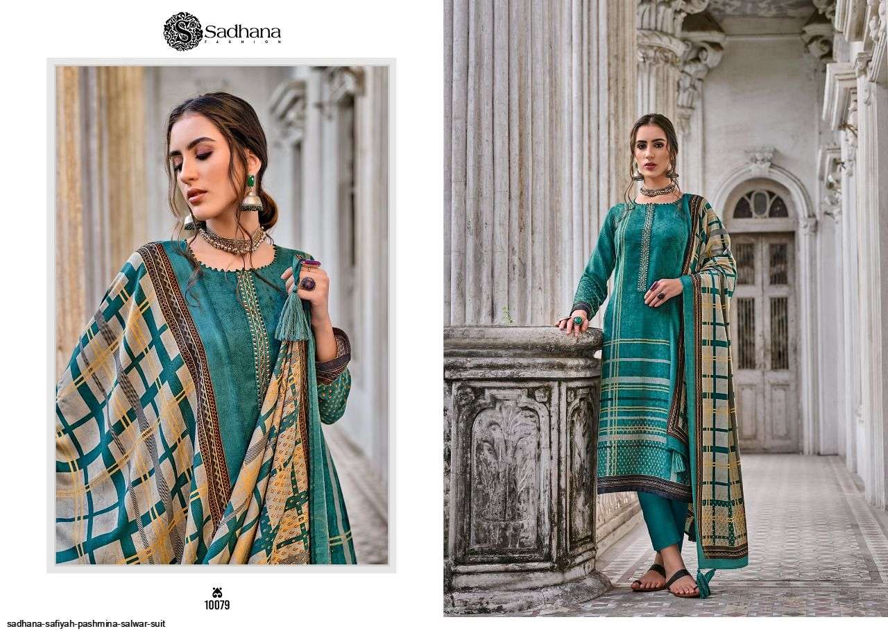 SAFIYAH BY SADHANA FASHION 10079 TO 10088 SERIES BEAUTIFUL STYLISH SHARARA SUITS FANCY COLORFUL CASUAL WEAR & ETHNIC WEAR & READY TO WEAR PURE PASHMINA PRINTED DRESSES AT WHOLESALE PRICE