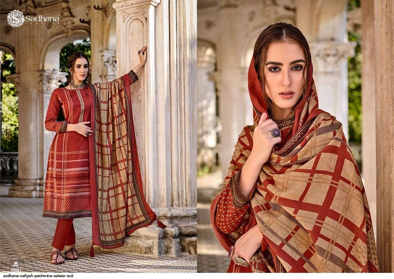 SAFIYAH BY SADHANA FASHION 10079 TO 10088 SERIES BEAUTIFUL STYLISH SHARARA SUITS FANCY COLORFUL CASUAL WEAR & ETHNIC WEAR & READY TO WEAR PURE PASHMINA PRINTED DRESSES AT WHOLESALE PRICE