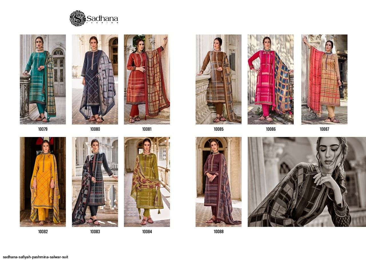SAFIYAH BY SADHANA FASHION 10079 TO 10088 SERIES BEAUTIFUL STYLISH SHARARA SUITS FANCY COLORFUL CASUAL WEAR & ETHNIC WEAR & READY TO WEAR PURE PASHMINA PRINTED DRESSES AT WHOLESALE PRICE