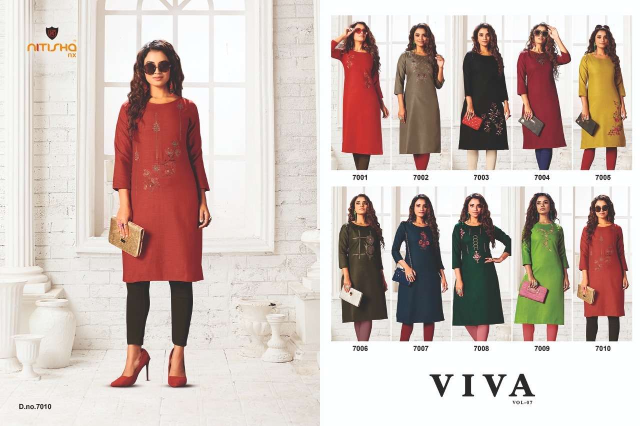 VIVA VOL-7 BY NITISHA NX 7001 TO 7010 SERIES DESIGNER STYLISH FANCY COLORFUL BEAUTIFUL PARTY WEAR & ETHNIC WEAR COLLECTION HEAVY SOFT COTTON EMBROIDERY KURTIS AT WHOLESALE PRICE