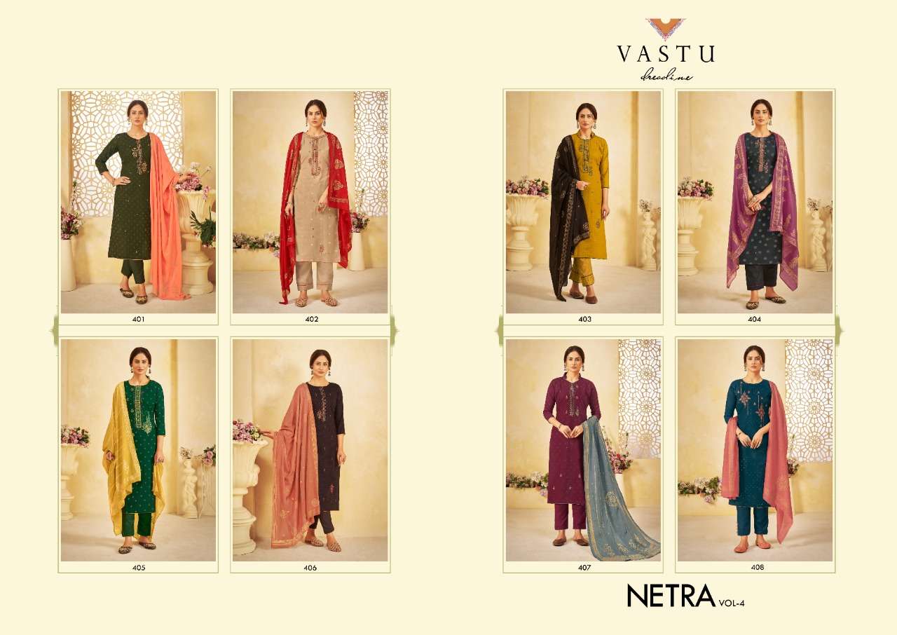 NETRA VOL-4 BY VASTU TEX 401 TO 408 SERIES BEAUTIFUL STYLISH SUITS FANCY COLORFUL CASUAL WEAR & ETHNIC WEAR & READY TO WEAR LAWN COTTON PRINT WITH WORK DRESSES AT WHOLESALE PRICE