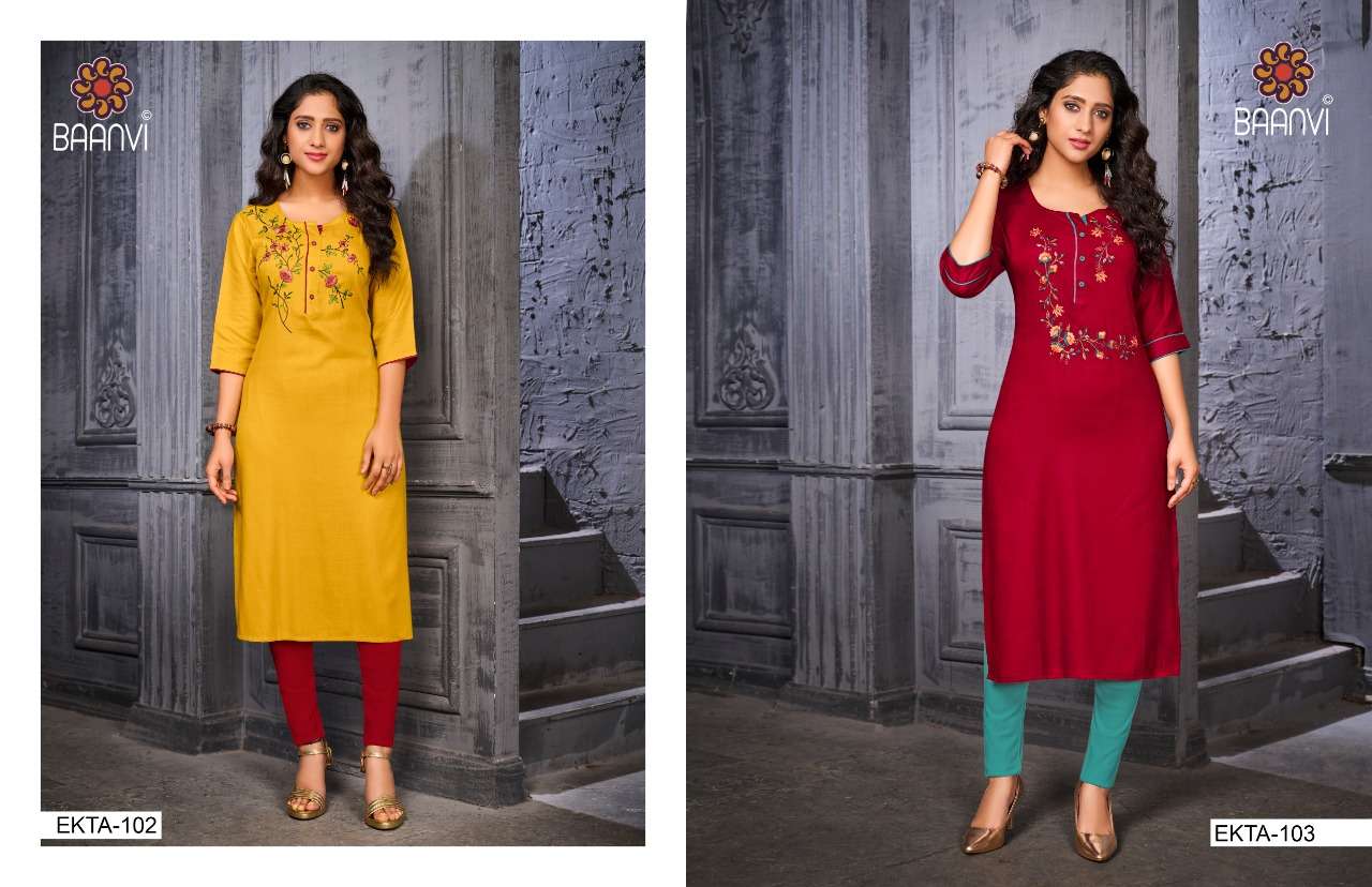 EKTA BY BAANVI 101 TO 104 SERIES DESIGNER STYLISH FANCY COLORFUL BEAUTIFUL PARTY WEAR & ETHNIC WEAR COLLECTION NAMO SLUB EMBROIDERY KURTIS AT WHOLESALE PRICE