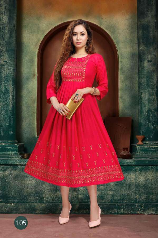 ZARINA BY RAZZO EXPORTS 101 TO 108 SERIES DESIGNER STYLISH FANCY COLORFUL BEAUTIFUL PARTY WEAR & ETHNIC WEAR COLLECTION RAYON EMBROIDERY KURTIS AT WHOLESALE PRICE