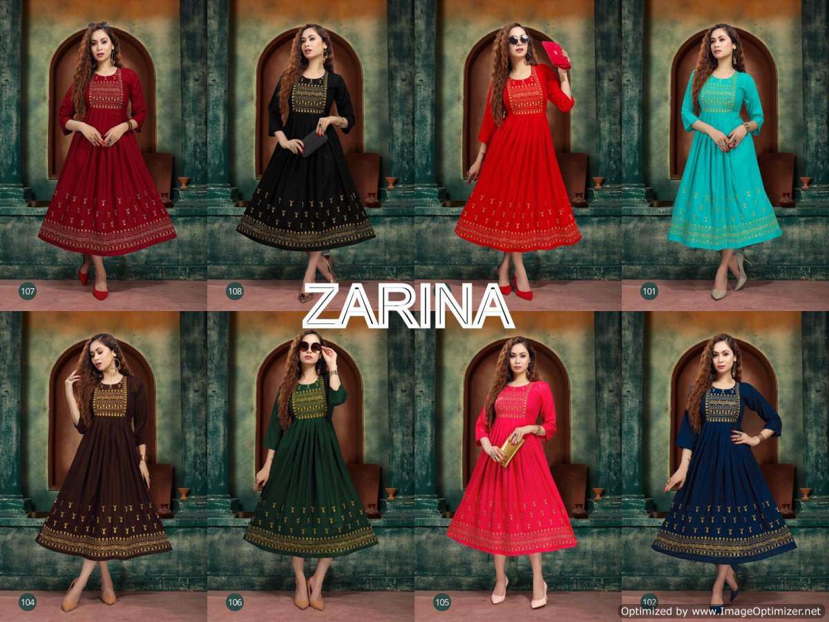 ZARINA BY RAZZO EXPORTS 101 TO 108 SERIES DESIGNER STYLISH FANCY COLORFUL BEAUTIFUL PARTY WEAR & ETHNIC WEAR COLLECTION RAYON EMBROIDERY KURTIS AT WHOLESALE PRICE