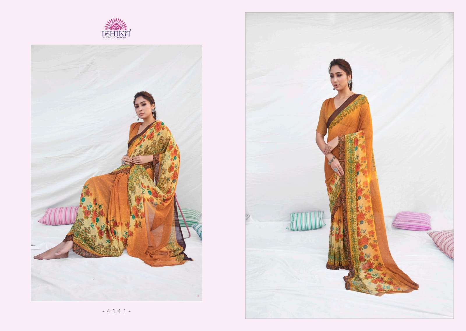 NETHRA BY ISHIKA FASHION 4141 TO 4148 SERIES INDIAN TRADITIONAL WEAR COLLECTION BEAUTIFUL STYLISH FANCY COLORFUL PARTY WEAR & OCCASIONAL WEAR WEIGHTLESS PRINT SAREES AT WHOLESALE PRICE