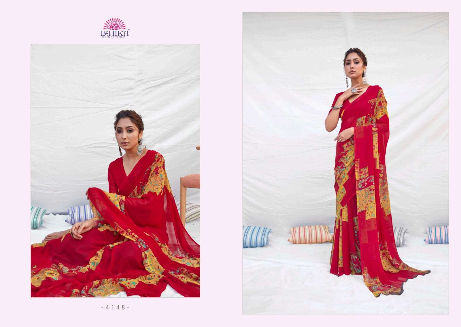 NETHRA BY ISHIKA FASHION 4141 TO 4148 SERIES INDIAN TRADITIONAL WEAR COLLECTION BEAUTIFUL STYLISH FANCY COLORFUL PARTY WEAR & OCCASIONAL WEAR WEIGHTLESS PRINT SAREES AT WHOLESALE PRICE