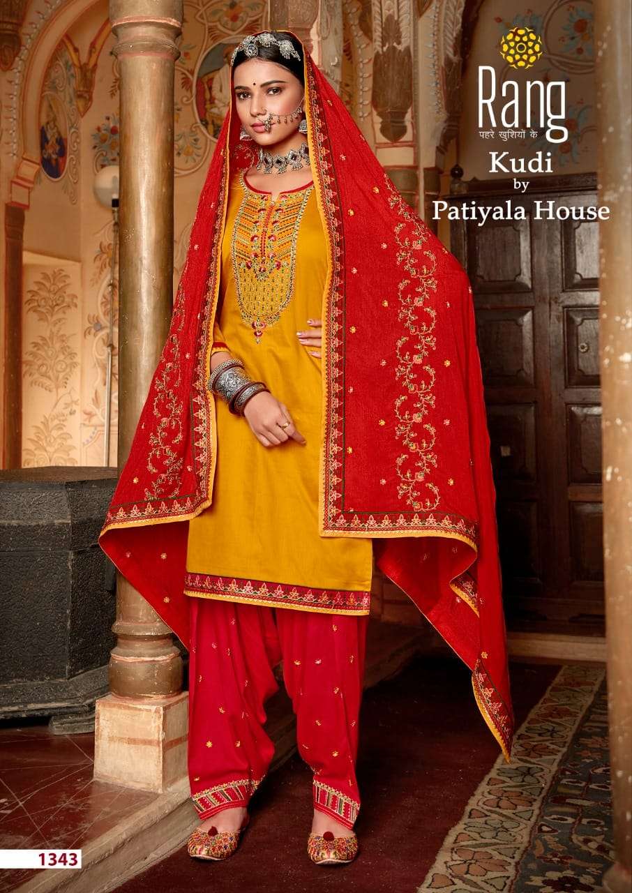 KUDI BY RANG 1341 TO 1344 SERIES BEAUTIFUL PATIYALA SUITS COLORFUL STYLISH FANCY CASUAL WEAR & ETHNIC WEAR JAM SILK WITH WORK DRESSES AT WHOLESALE PRICE