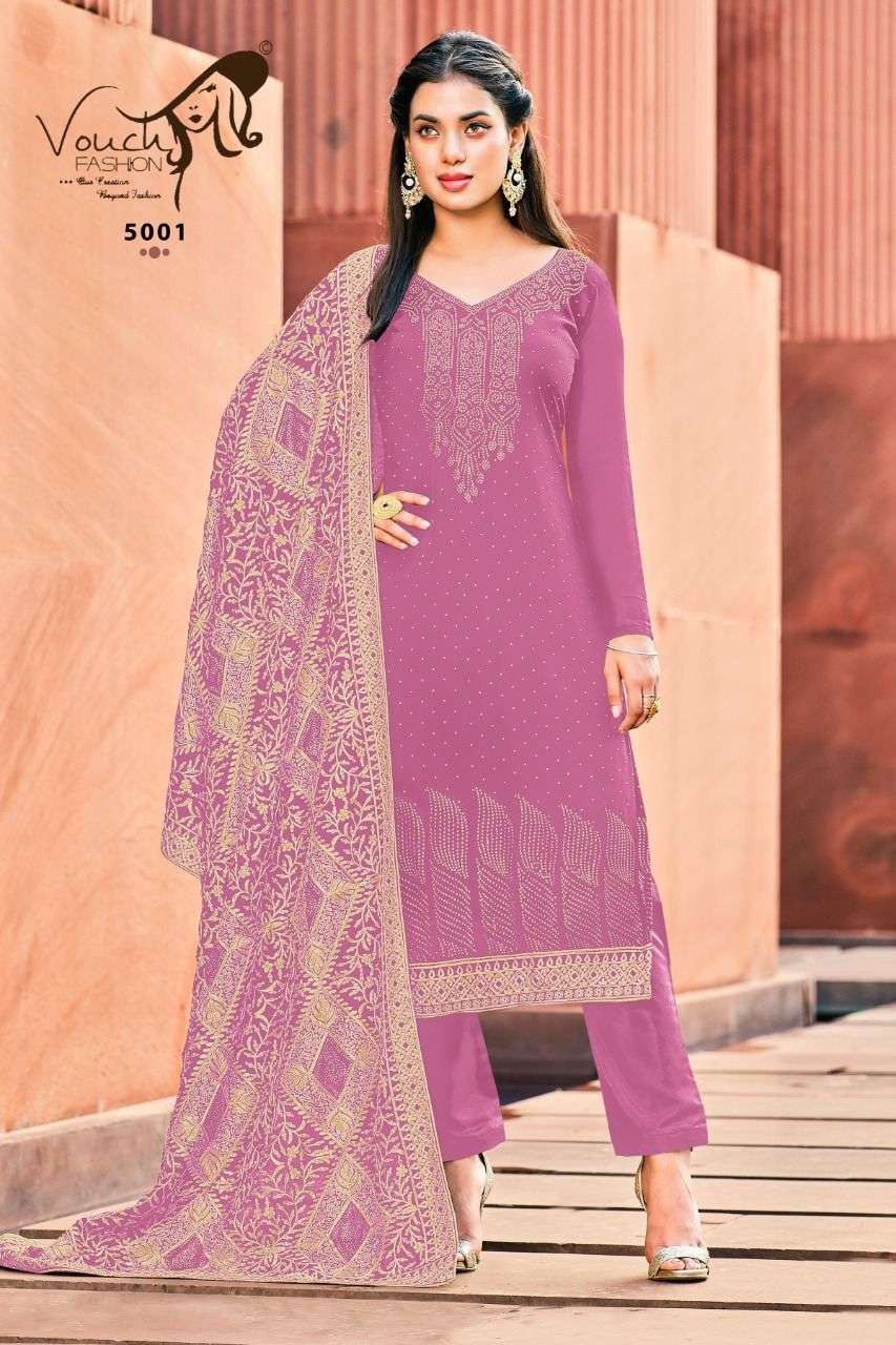 NAARI VOL-5 BY VOUCHE 5001 TO 5004 SERIES DESIGNER SUITS COLLECTION BEAUTIFUL STYLISH COLORFUL FANCY PARTY WEAR & OCCASIONAL WEAR GEORGETTE WITH WORK DRESSES AT WHOLESALE PRICE