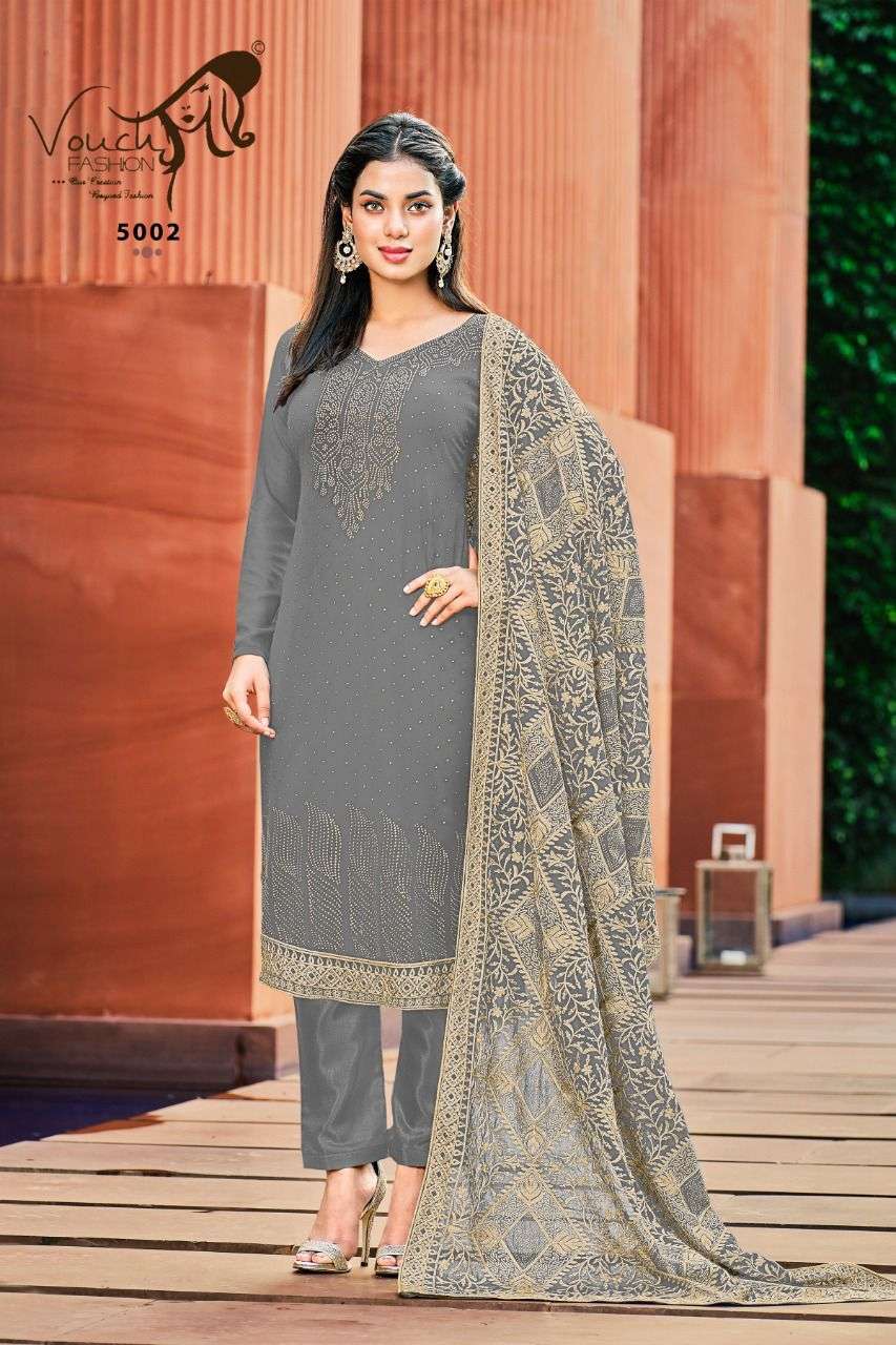 NAARI VOL-5 BY VOUCHE 5001 TO 5004 SERIES DESIGNER SUITS COLLECTION BEAUTIFUL STYLISH COLORFUL FANCY PARTY WEAR & OCCASIONAL WEAR GEORGETTE WITH WORK DRESSES AT WHOLESALE PRICE