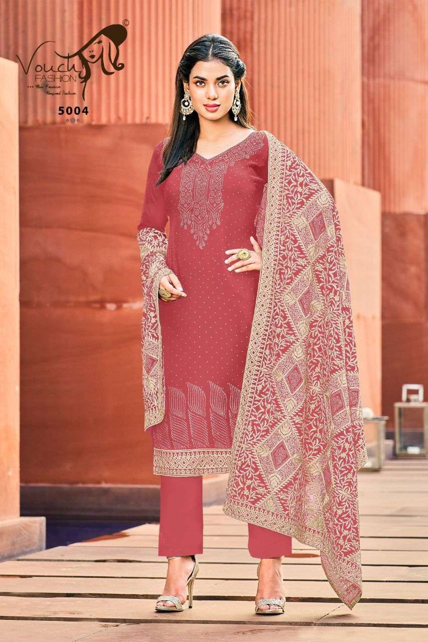 NAARI VOL-5 BY VOUCHE 5001 TO 5004 SERIES DESIGNER SUITS COLLECTION BEAUTIFUL STYLISH COLORFUL FANCY PARTY WEAR & OCCASIONAL WEAR GEORGETTE WITH WORK DRESSES AT WHOLESALE PRICE