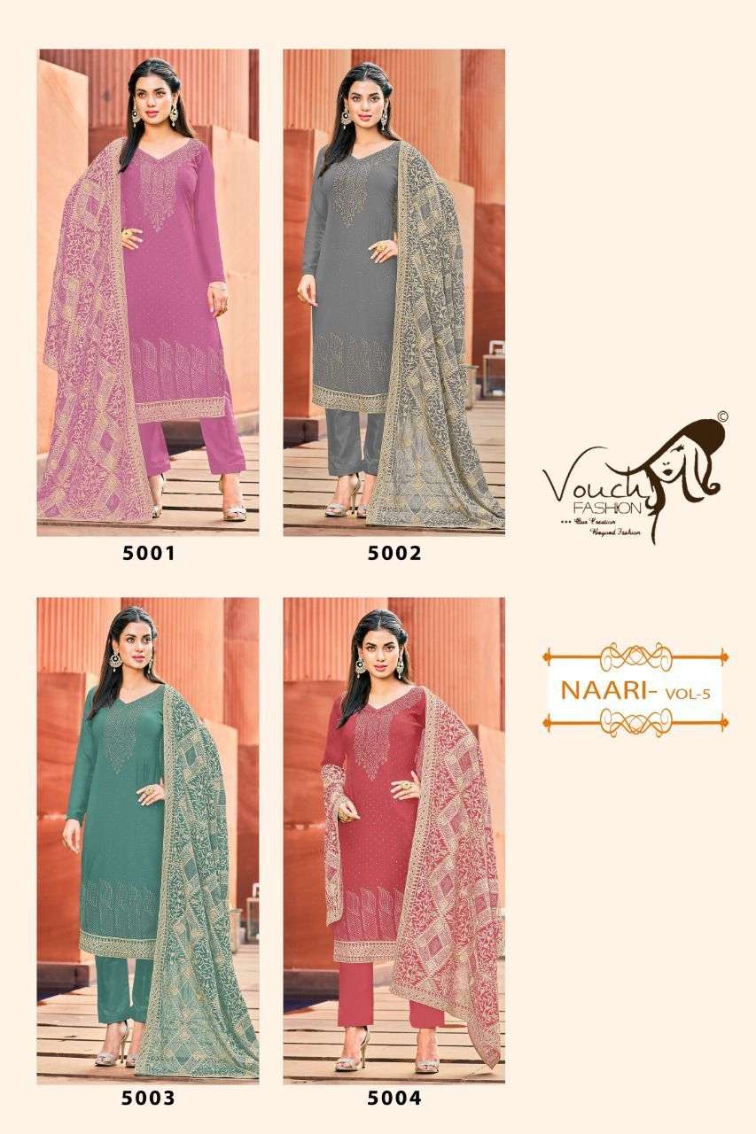 NAARI VOL-5 BY VOUCHE 5001 TO 5004 SERIES DESIGNER SUITS COLLECTION BEAUTIFUL STYLISH COLORFUL FANCY PARTY WEAR & OCCASIONAL WEAR GEORGETTE WITH WORK DRESSES AT WHOLESALE PRICE