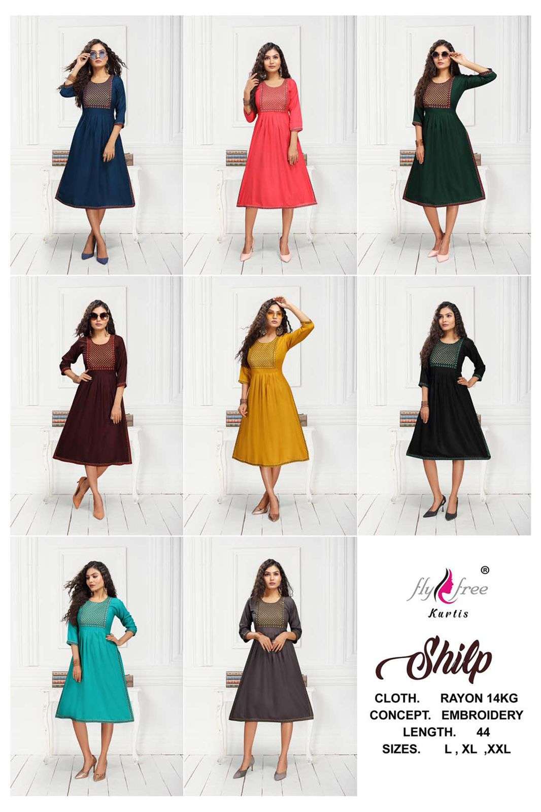 SHILP BY FLY FREE 1001 TO 1008 SERIES DESIGNER STYLISH FANCY COLORFUL BEAUTIFUL PARTY WEAR & ETHNIC WEAR COLLECTION RAYON EMBROIDERY KURTIS AT WHOLESALE PRICE