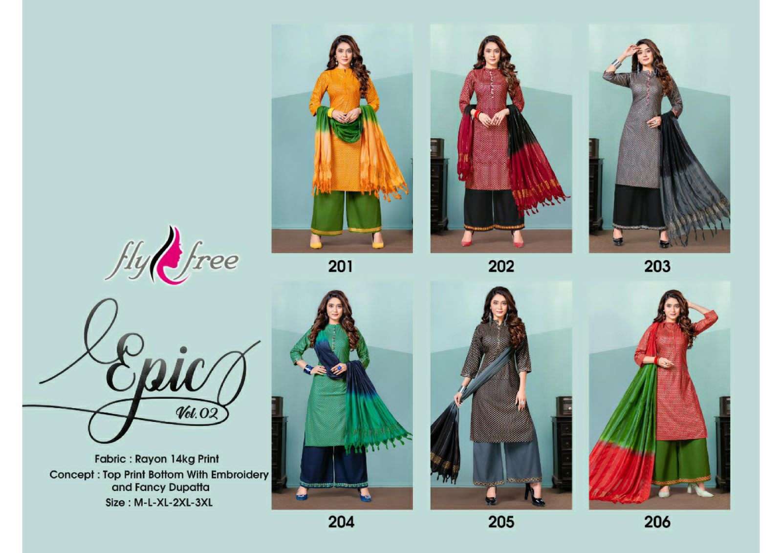 EPIC VOL-2 BY FLY FREE 201 TO 206 SERIES BEAUTIFUL SUITS COLORFUL STYLISH FANCY CASUAL WEAR & ETHNIC WEAR RAYON PRINT DRESSES AT WHOLESALE PRICE