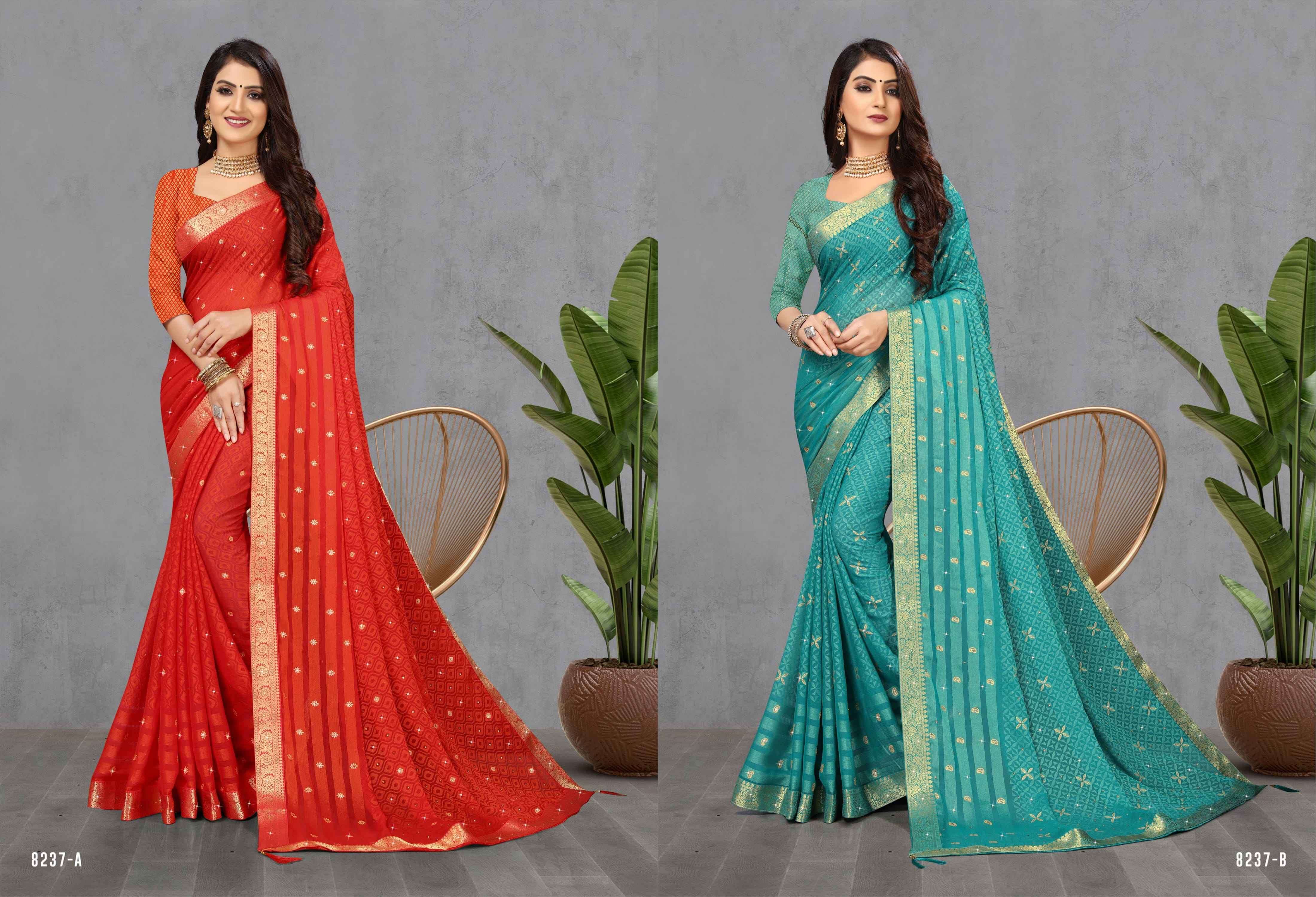 SHRAVAN KUMAR BY INDIAN WOMEN 8237-A TO 8237-F SERIES INDIAN TRADITIONAL WEAR COLLECTION BEAUTIFUL STYLISH FANCY COLORFUL PARTY WEAR & OCCASIONAL WEAR VICHITRA SILK SAREES AT WHOLESALE PRICE