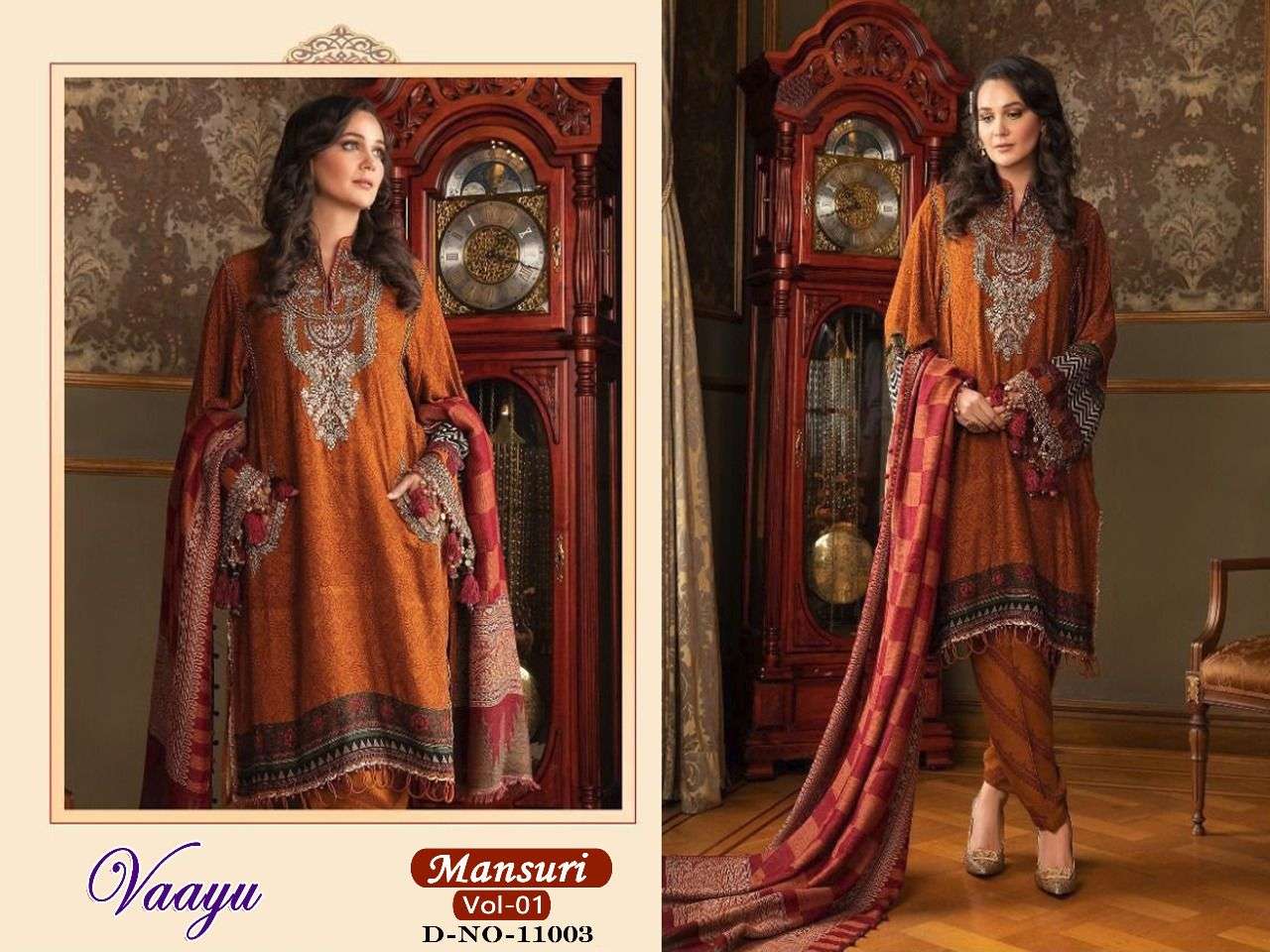 MANSURI VOL-1 BY VAAYU 11001 TO 11006 SERIES DESIGNER PAKISTANI SUITS BEAUTIFUL STYLISH FANCY COLORFUL PARTY WEAR & OCCASIONAL WEAR COTTON PRINT WITH EMBROIDERED DRESSES AT WHOLESALE PRICE