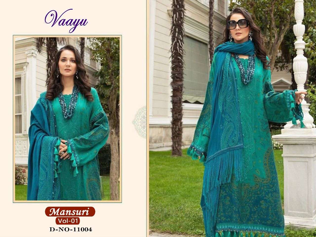 MANSURI VOL-1 BY VAAYU 11001 TO 11006 SERIES DESIGNER PAKISTANI SUITS BEAUTIFUL STYLISH FANCY COLORFUL PARTY WEAR & OCCASIONAL WEAR COTTON PRINT WITH EMBROIDERED DRESSES AT WHOLESALE PRICE