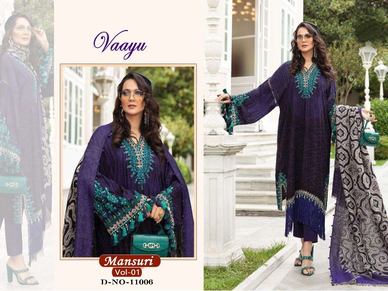 MANSURI VOL-1 BY VAAYU 11001 TO 11006 SERIES DESIGNER PAKISTANI SUITS BEAUTIFUL STYLISH FANCY COLORFUL PARTY WEAR & OCCASIONAL WEAR COTTON PRINT WITH EMBROIDERED DRESSES AT WHOLESALE PRICE