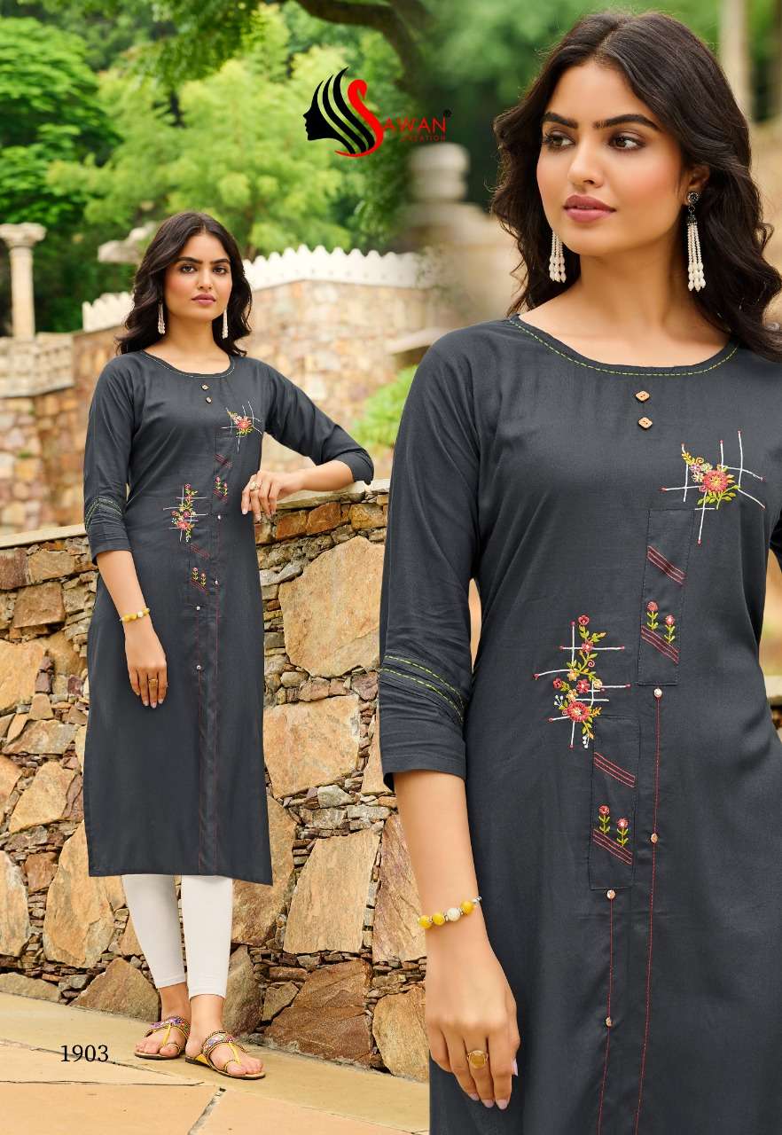 HONEY VOL-19 BY SAWAN CREATION 1901 TO 1912 SERIES DESIGNER STYLISH FANCY COLORFUL BEAUTIFUL PARTY WEAR & ETHNIC WEAR COLLECTION RAYON EMBROIDERY KURTIS AT WHOLESALE PRICE
