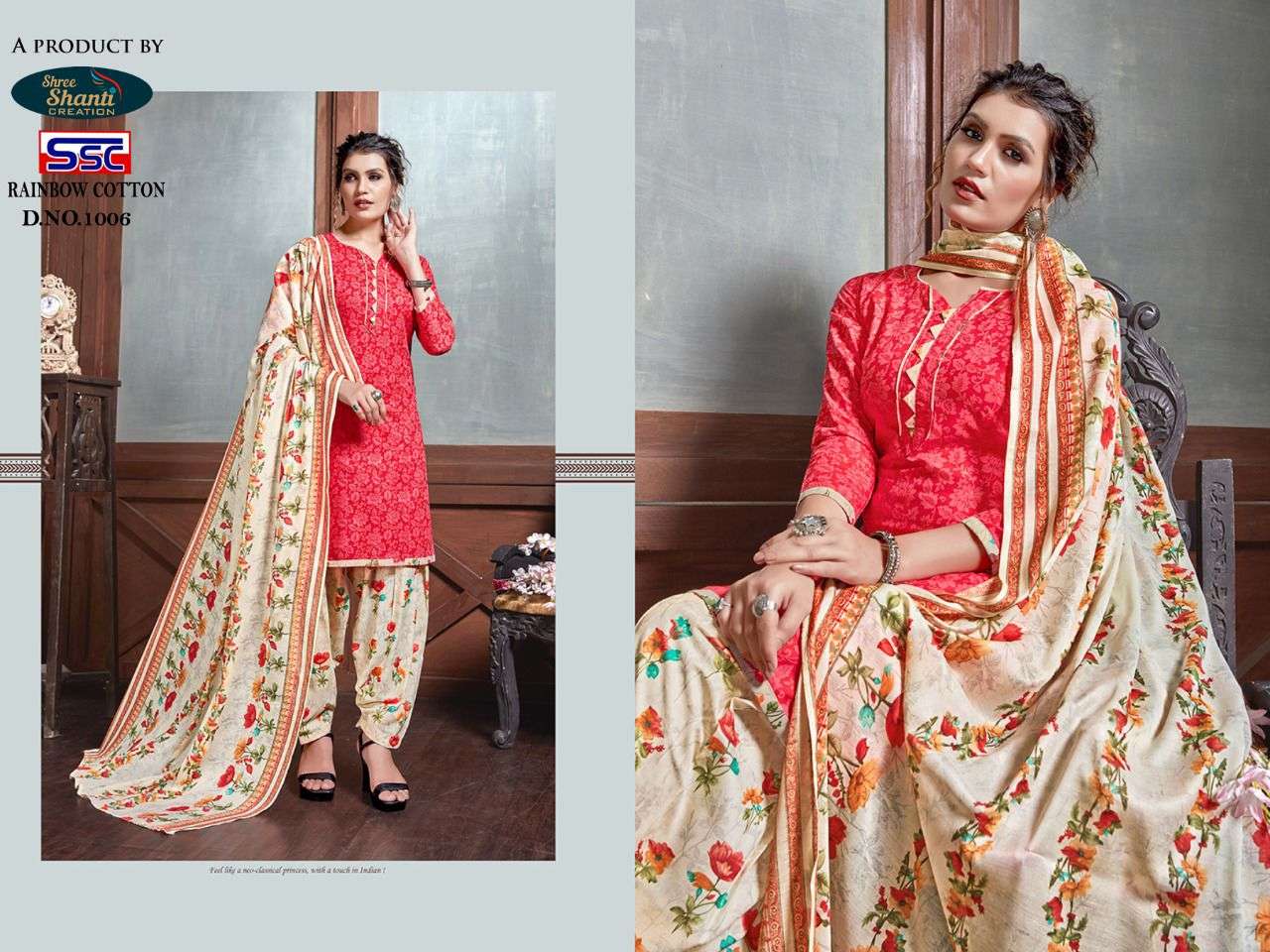 RAINBOW COTTON BY SHREE SHANTI CREAYION 1001 TO 1010 SERIES BEAUTIFUL STYLISH SHARARA SUITS FANCY COLORFUL CASUAL WEAR & ETHNIC WEAR & READY TO WEAR HEAVY COTTON PRINTED DRESSES AT WHOLESALE PRICE