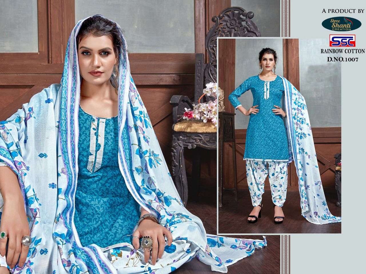 RAINBOW COTTON BY SHREE SHANTI CREAYION 1001 TO 1010 SERIES BEAUTIFUL STYLISH SHARARA SUITS FANCY COLORFUL CASUAL WEAR & ETHNIC WEAR & READY TO WEAR HEAVY COTTON PRINTED DRESSES AT WHOLESALE PRICE