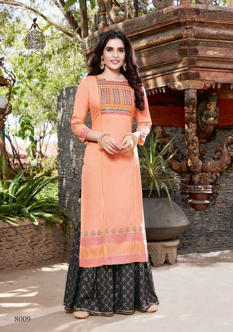 FASHION LABEL VOL-8 BY KAJAL STYLE 8001 TO 8010 SERIES BEAUTIFUL COLORFUL STYLISH FANCY PARTY WEAR & ETHNIC WEAR & READY TO WEAR HEAVY RAYON EMBROIDERED KURTIS WITH BOTTOM AT WHOLESALE PRICE