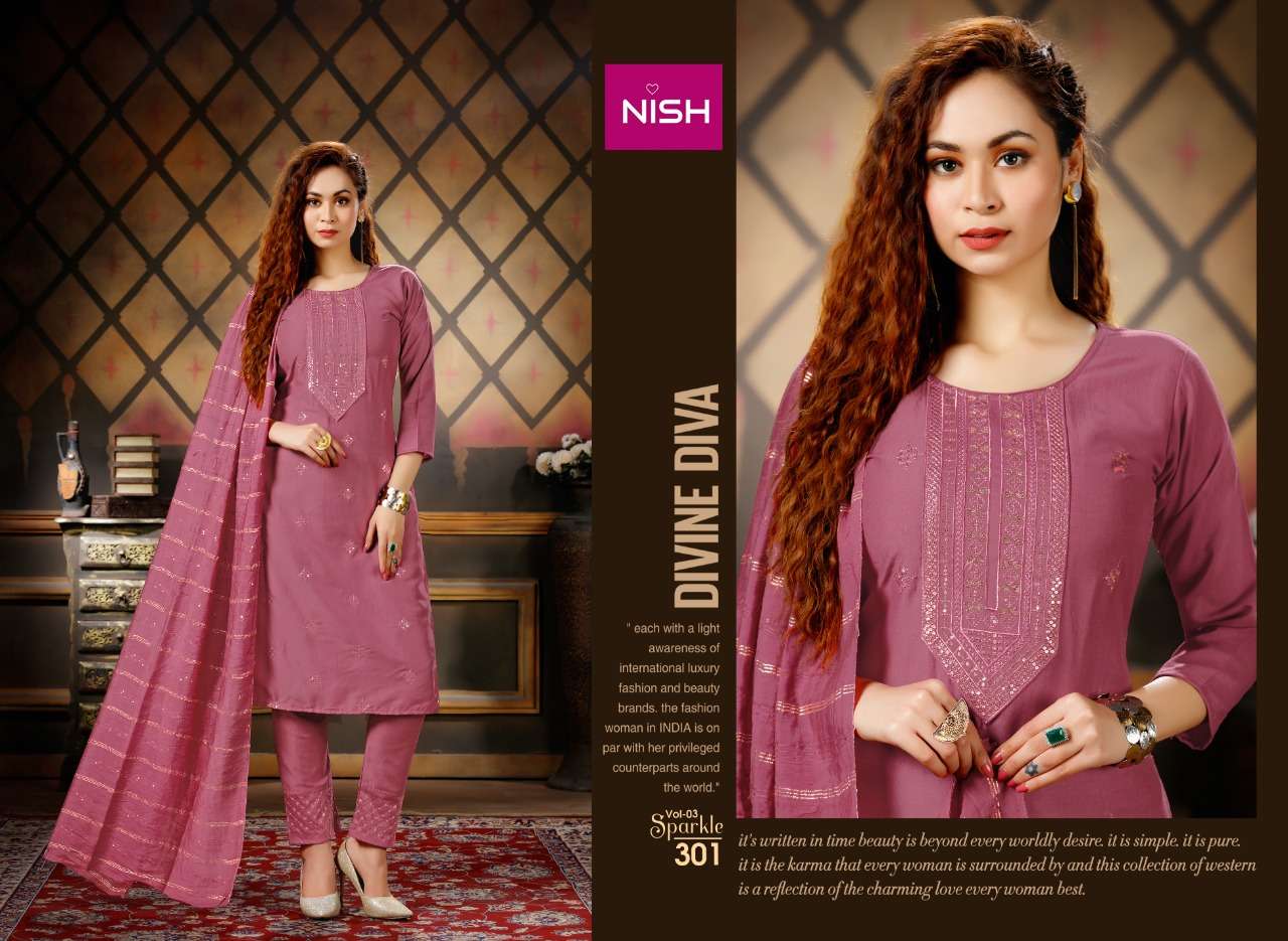 SPARKLE VOL-3 BY NISH 301 TO 306 SERIES BEAUTIFUL SUITS COLORFUL STYLISH FANCY CASUAL WEAR & ETHNIC WEAR HEAVY CHINNON DRESSES AT WHOLESALE PRICE