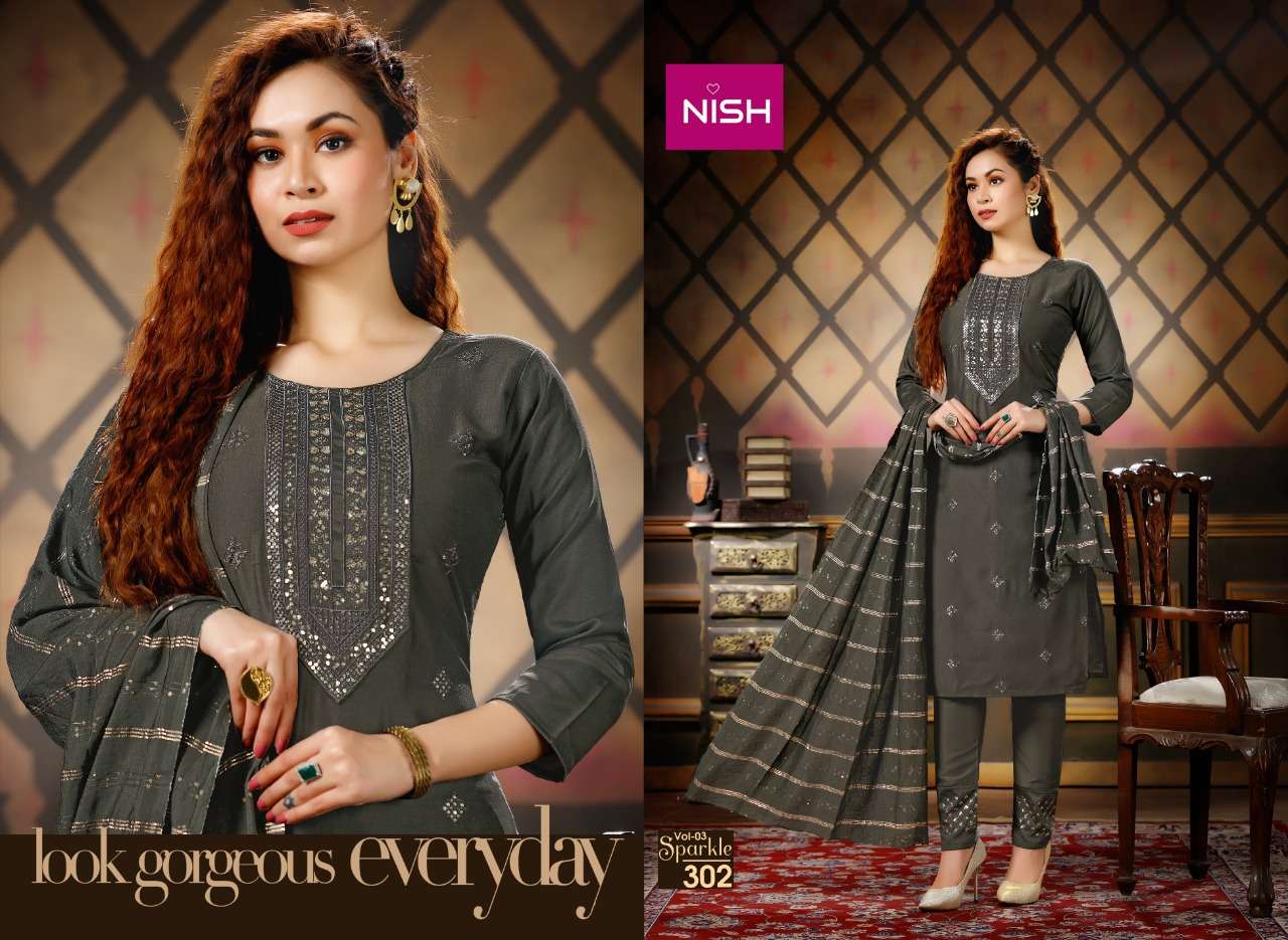 SPARKLE VOL-3 BY NISH 301 TO 306 SERIES BEAUTIFUL SUITS COLORFUL STYLISH FANCY CASUAL WEAR & ETHNIC WEAR HEAVY CHINNON DRESSES AT WHOLESALE PRICE